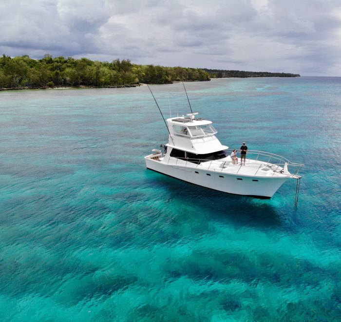 Dropcast sportfisher anchored off a remote island in Vanuatu